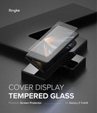 Galaxy Z Fold 4 Screen Protector | Cover Display Glass - Galaxy Z Fold 4 Screen Protector - Tempered glass screen protector hovering above a Galaxy Z Fold 4 on a black stand.
