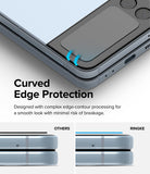 Galaxy Z Flip 4 Combo | Case + Screen Protector + Cover Display Glass - Galaxy Z Flip 4 Combo - Close-up of a curved screen protector on a folded phone, comparing flat vs. contoured edge designs.