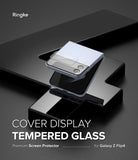 Galaxy Z Flip 4 Screen Protector | Cover Display Glass - Galaxy Z Flip 4 Screen Protector - Tempered glass cover display protector floating above a folded Galaxy Z Flip 4.