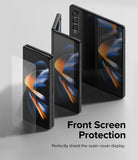 Galaxy Z Fold 4 Screen Protector | Cover Display Glass - Galaxy Z Fold 4 Screen Protector - Transparent glass protector hovering beside a black Galaxy Z Fold 4 smartphone.