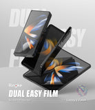 Galaxy Z Fold 4 Screen Protector | Dual Easy Film - Galaxy Z Fold 4 Screen Protector - Three Galaxy Z Fold 4 phones floating in a stack against a grey background.