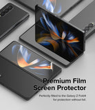 Galaxy Z Fold 4 Screen Protector | Dual Easy Film - Galaxy Z Fold 4 Screen Protector - Multiple Galaxy Z Fold4 phones with a clear film being applied to the screen.
