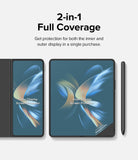 Galaxy Z Fold 4 Screen Protector | Dual Easy Film - Galaxy Z Fold 4 Screen Protector - Folded and unfolded phone screens with labeled protectors and a stylus on the right.