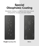 Galaxy Z Fold 4 Screen Protector | Dual Easy Film - Galaxy Z Fold 4 Screen Protector - Comparison showing Ringke film repelling water versus smudged, oily standard film.