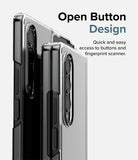 Galaxy Z Fold 4 Combo | Case + Screen Protector + Cover Display Glass - Galaxy Z Fold 4 Combo - Close-up of a clear phone case on a Galaxy Z Fold 4 highlighting the open button design.
