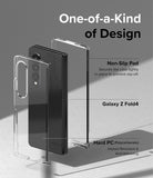 Galaxy Z Fold 4 Combo | Case + Screen Protector + Cover Display Glass - Galaxy Z Fold 4 Combo - Exploded view of a clear phone case and a black Galaxy Z Fold 4 with labels for non-slip pads and PC material.