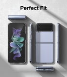 Galaxy Z Flip 4 Combo | Case + Screen Protector - Galaxy Z Flip 4 Combo - Clear case on a light blue Galaxy Z Flip 4 shown from multiple angles with a screen protector.
