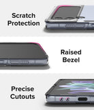Galaxy Z Flip 4 Combo | Case + Screen Protector - Galaxy Z Flip 4 Combo - Close-ups of a clear phone case highlighting scratch protection, raised bezels, and precise port cutouts.