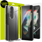 Galaxy Z Fold 4 Combo | Case + Screen Protector + Cover Display Glass - Galaxy Z Fold 4 Combo - Clear phone case and screen protectors for Galaxy Z Fold 4 displayed against a lime green background.