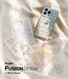 iPhone 13 Mini Case | Fusion Design - Seoul - Three clear phone cases with floral and Seoul text designs on fabric.