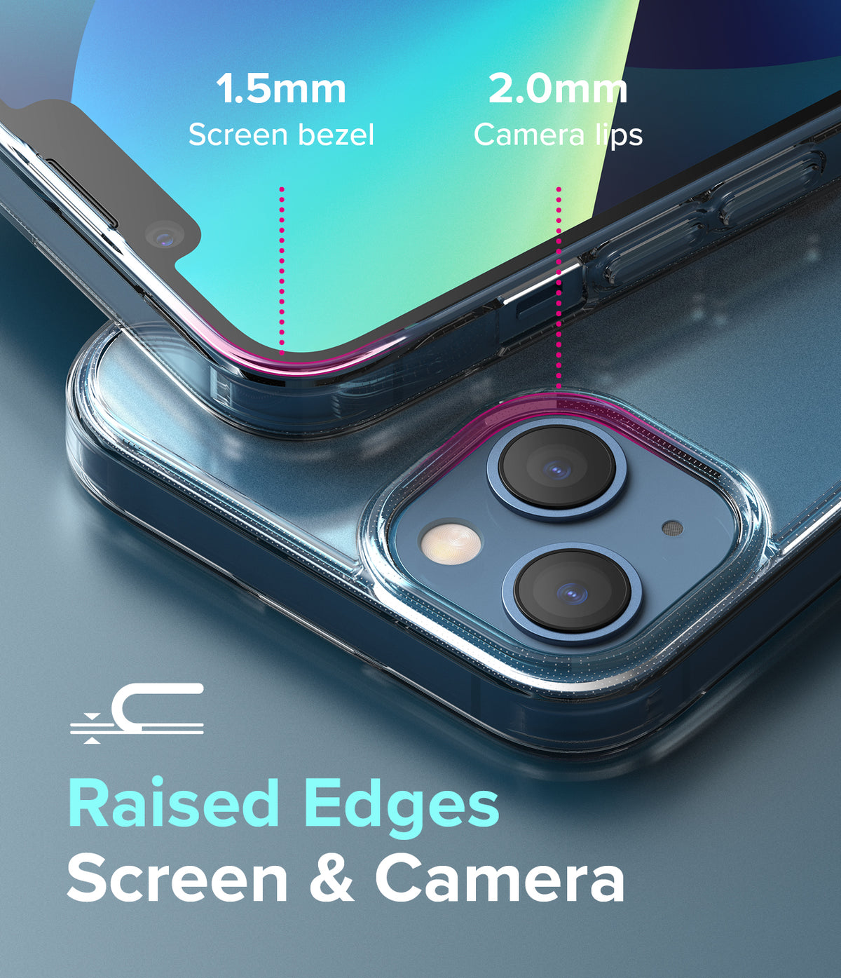 iPhone 13 Mini Case | Fusion Matte - Diagram showing 1.5mm screen bezel and 2.0mm camera lip protection on a blue phone.