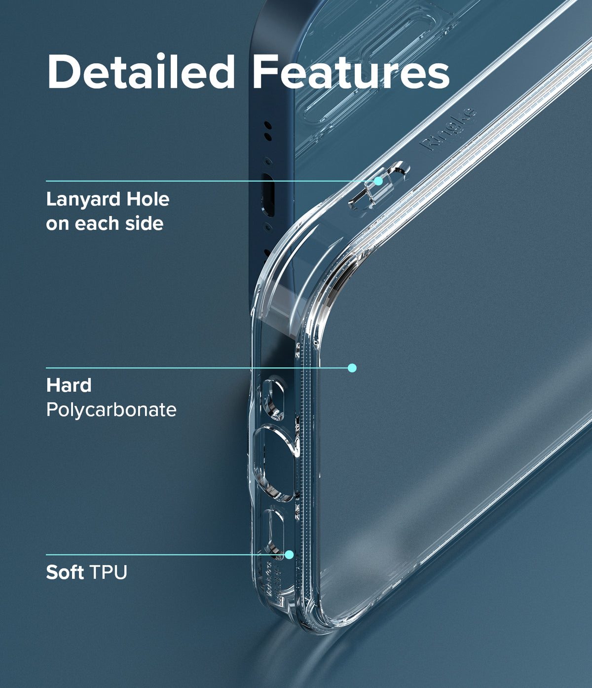 iPhone 13 Mini Case | Fusion Matte - Close-up of phone case highlighting lanyard holes, hard polycarbonate, and soft TPU.
