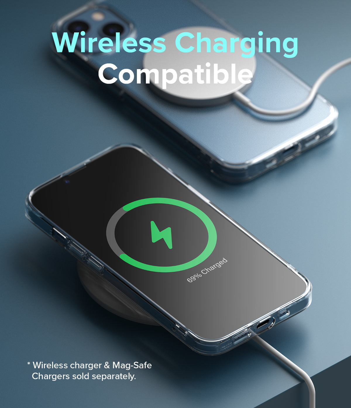 iPhone 13 Mini Case | Fusion Matte - iPhone 13 Mini in a clear case charging wirelessly with a MagSafe charger.