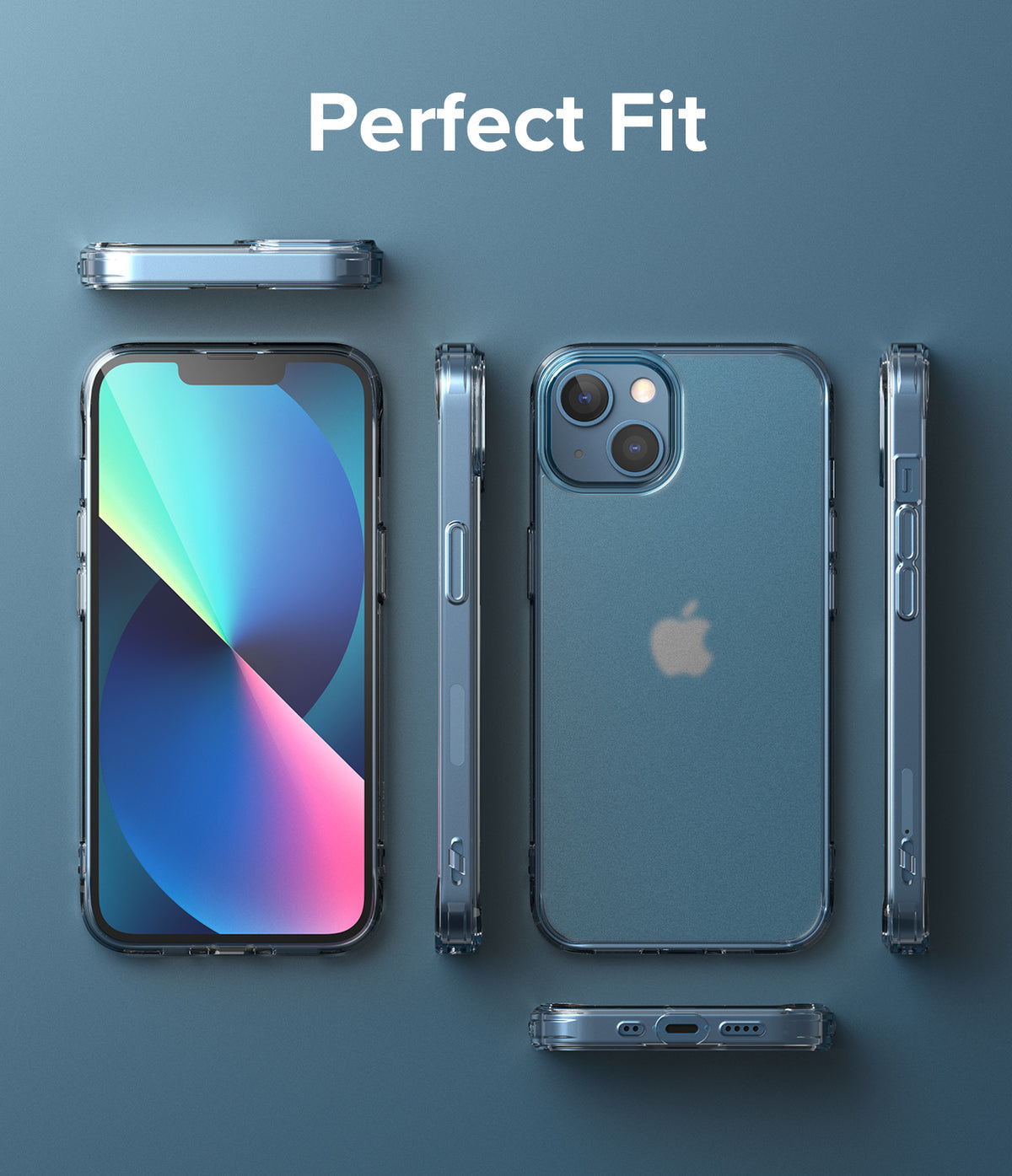 iPhone 13 Mini Case | Fusion Matte - Multiple views of a matte blue phone case on an iPhone 13 Mini against a blue background.
