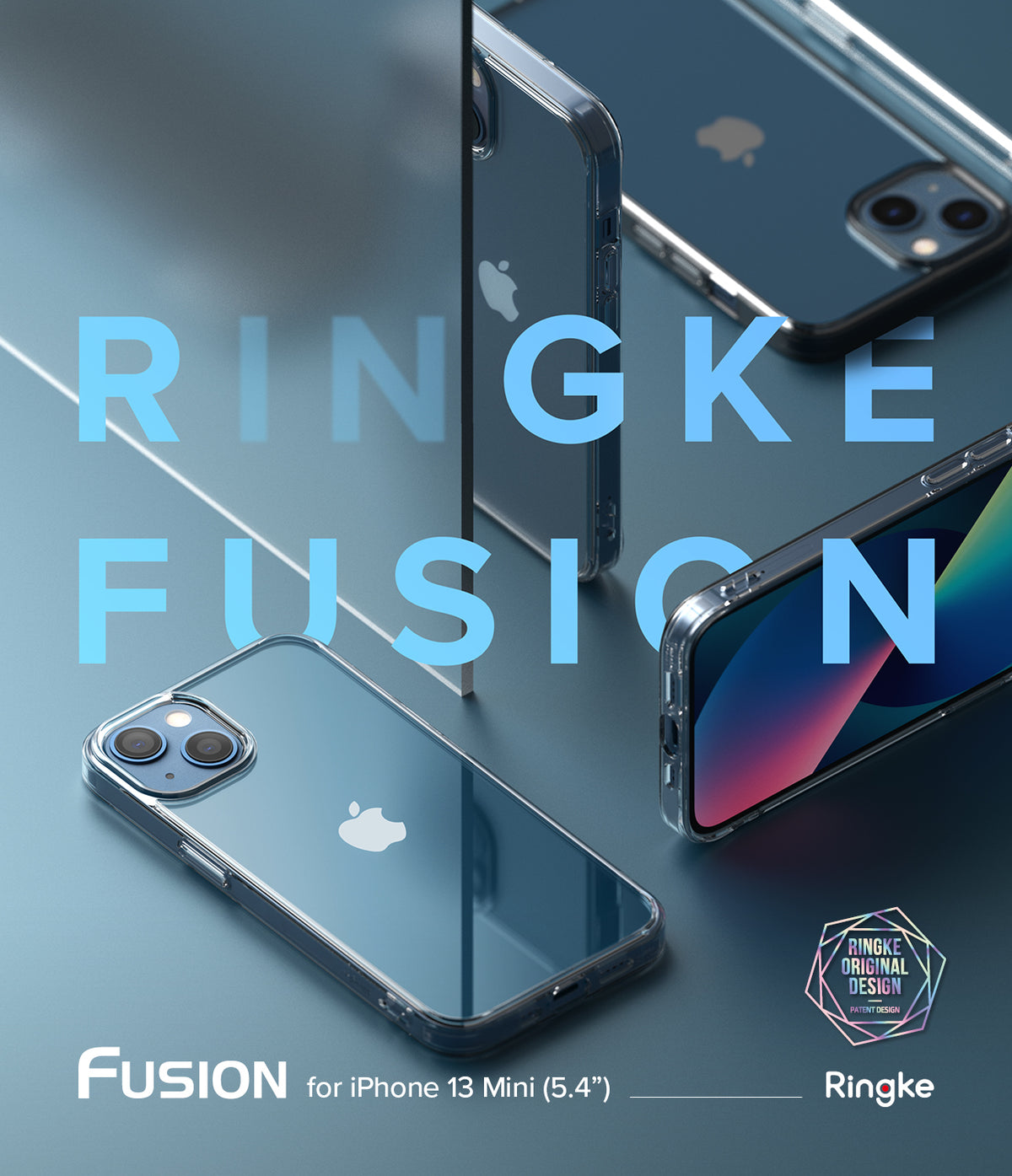 iPhone 13 Mini Case | Fusion Matte - Multiple iPhone 13 Mini phones in clear matte cases arranged on a blue surface.