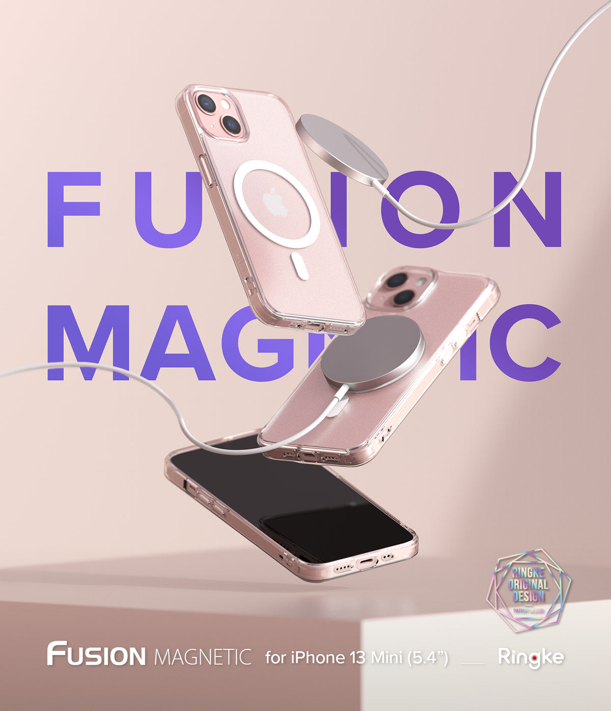 iPhone 13 Mini Case | Fusion Magnetic - Three rose gold iPhone 13 Mini cases floating with magnetic chargers attached.