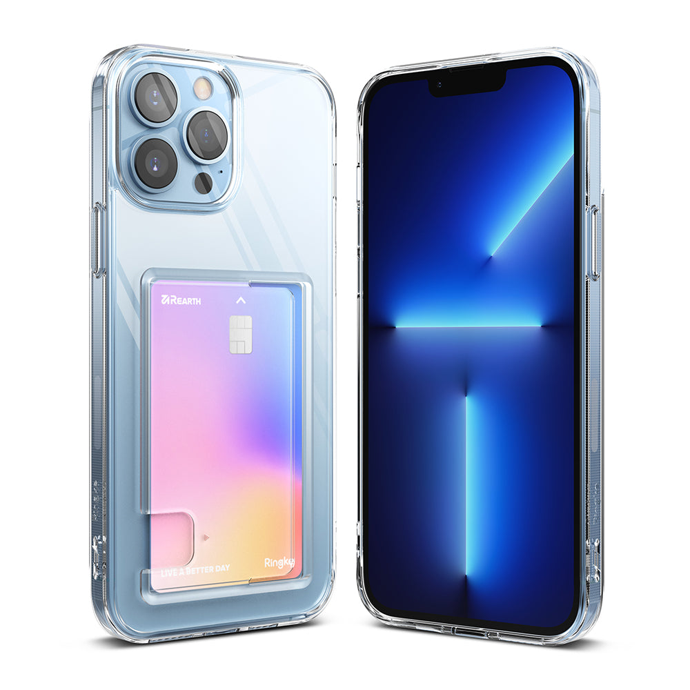iPhone 13 Pro Max Case | Fusion Card - Clear phone case with a rear card slot holding a gradient card, shown from front and back.