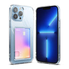 iPhone 13 Pro Max Case | Fusion Card - Clear phone case with a rear card slot holding a gradient card, shown from front and back.
