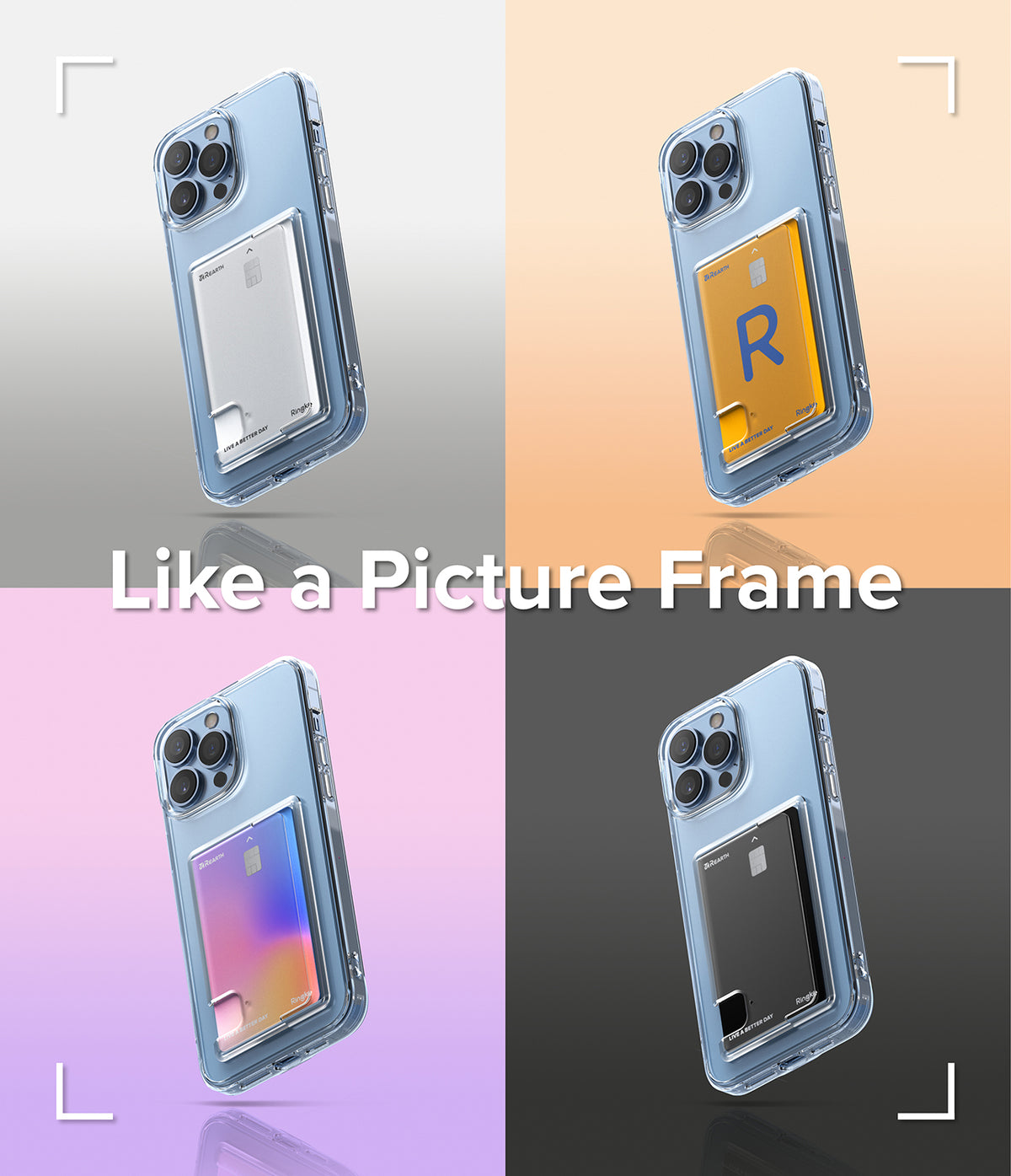 iPhone 13 Pro Max Case | Fusion Card - Four iPhone 13 Pro Max phones in clear cases with different colored card inserts.
