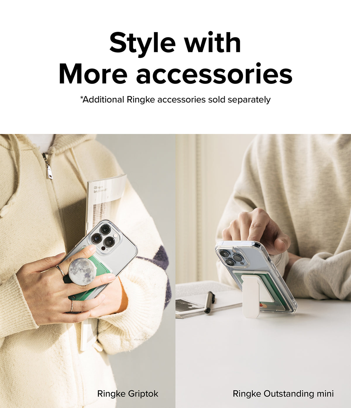 iPhone 13 Pro Max Case | Fusion Card - Split view showing phone with moon-patterned Griptok and white kickstand.