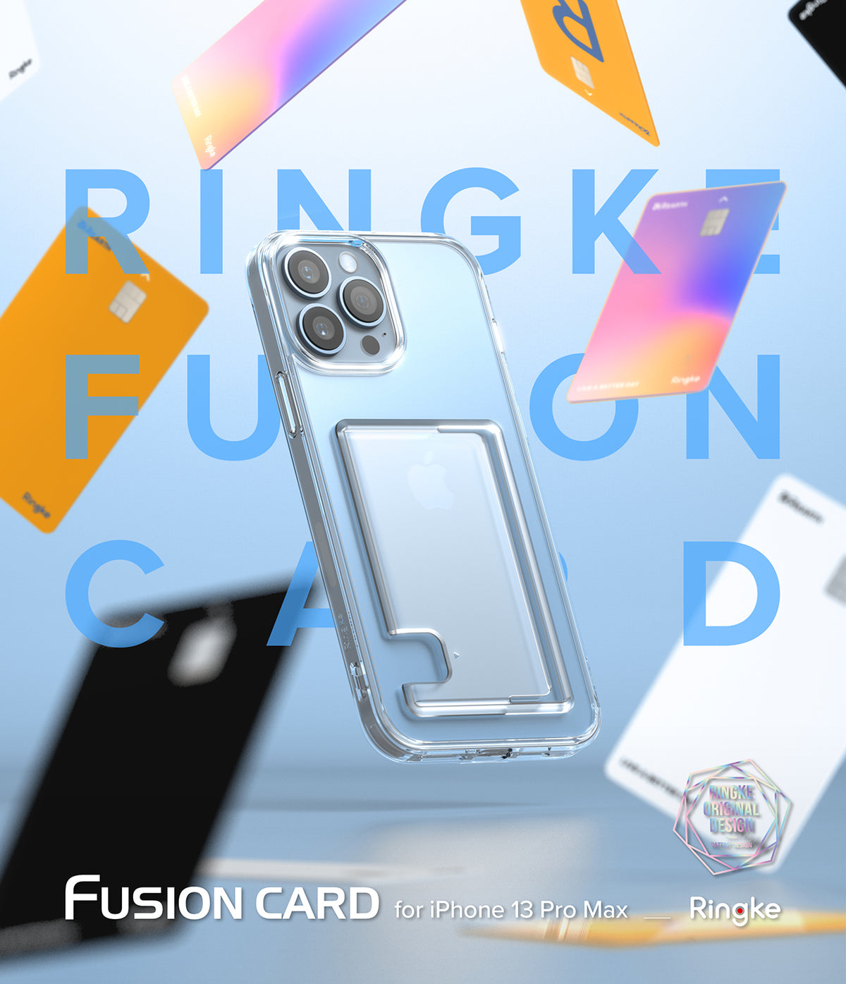 iPhone 13 Pro Max Case | Fusion Card - Clear phone case with a built-in card slot floating amidst colorful credit cards.