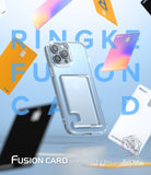 iPhone 13 Pro Max Case | Fusion Card - Clear phone case with a built-in card slot floating amidst colorful credit cards.