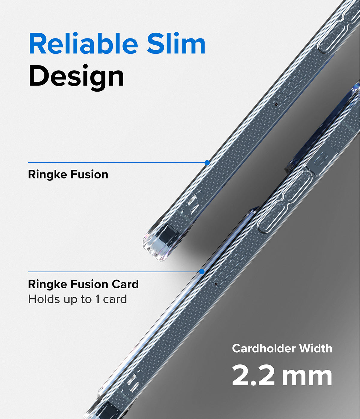 iPhone 13 Pro Max Case | Fusion Card - Side-by-side comparison of slim clear phone cases with a 2.2mm cardholder slot.