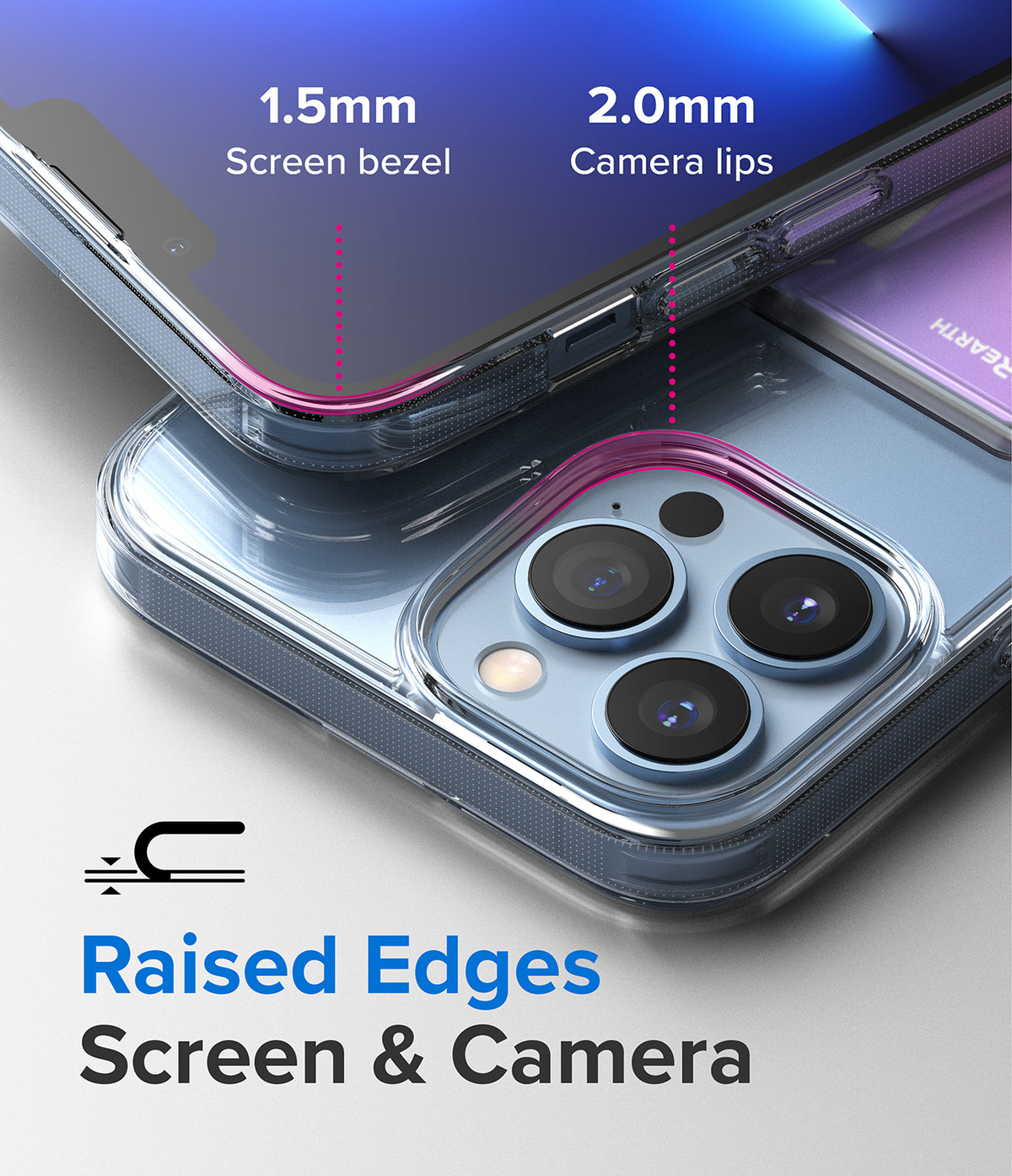 iPhone 13 Pro Max Case | Fusion Card - Close-up of phone case showing 1.5mm screen bezel and 2.0mm camera lip protection.