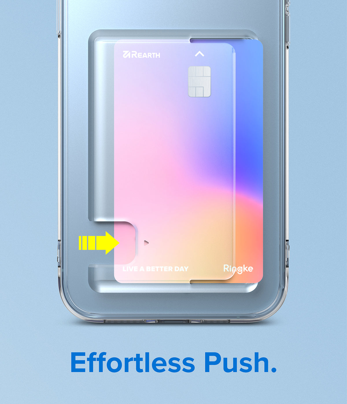 iPhone 13 Pro Max Case | Fusion Card - Clear phone case with a gradient card slot and a yellow arrow indicating push access.
