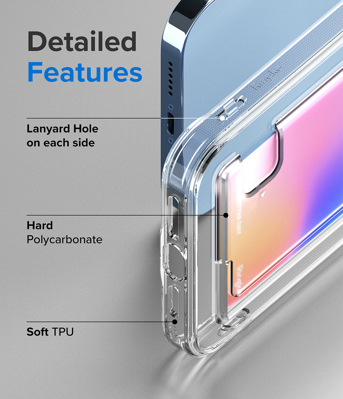 iPhone 13 Pro Max Case | Fusion Card - Close-up of clear phone case highlighting lanyard holes, polycarbonate, and TPU.