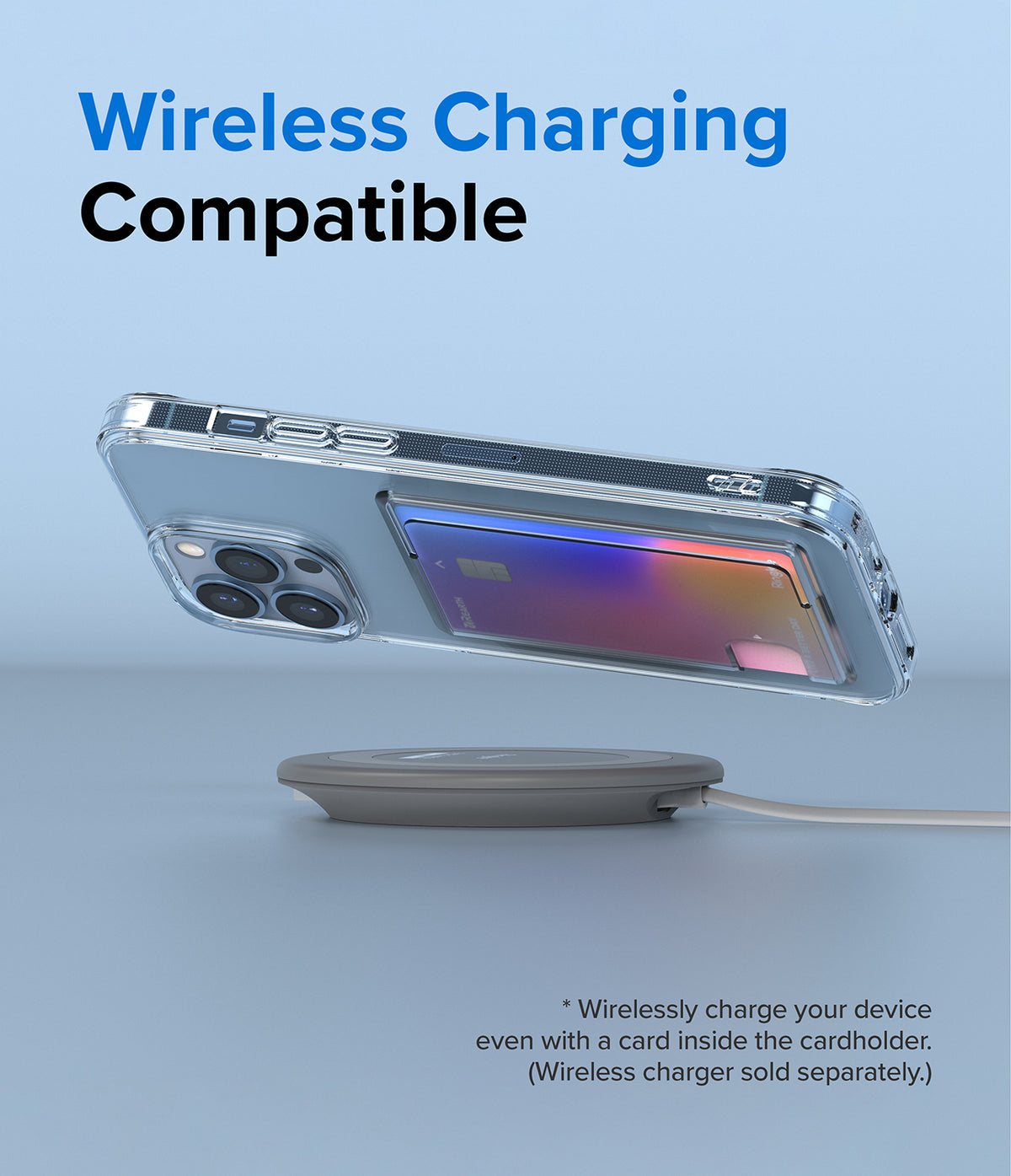 iPhone 13 Pro Max Case | Fusion Card - Clear phone case with a card holder hovering over a wireless charging pad.