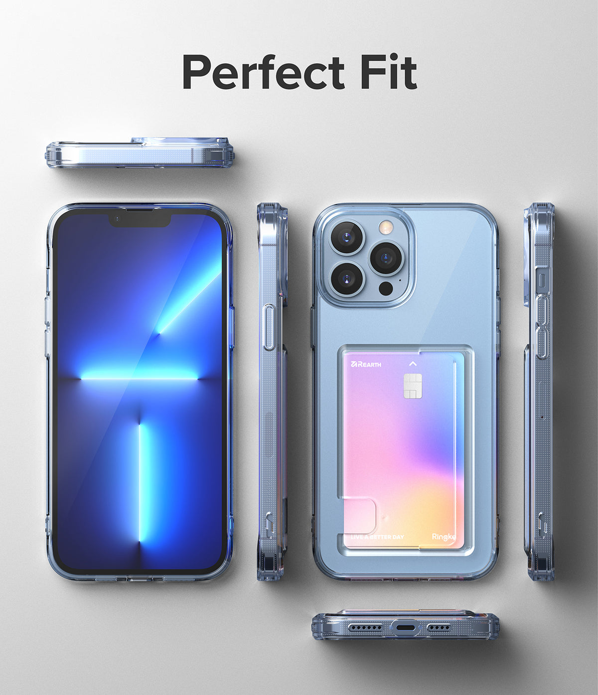 iPhone 13 Pro Max Case | Fusion Card - Clear phone case with card slot showing front, back, and side views of the device.