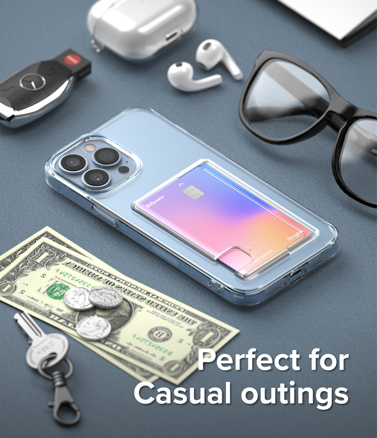 iPhone 13 Pro Max Case | Fusion Card - Clear phone case with a card holder, surrounded by keys, cash, and accessories.