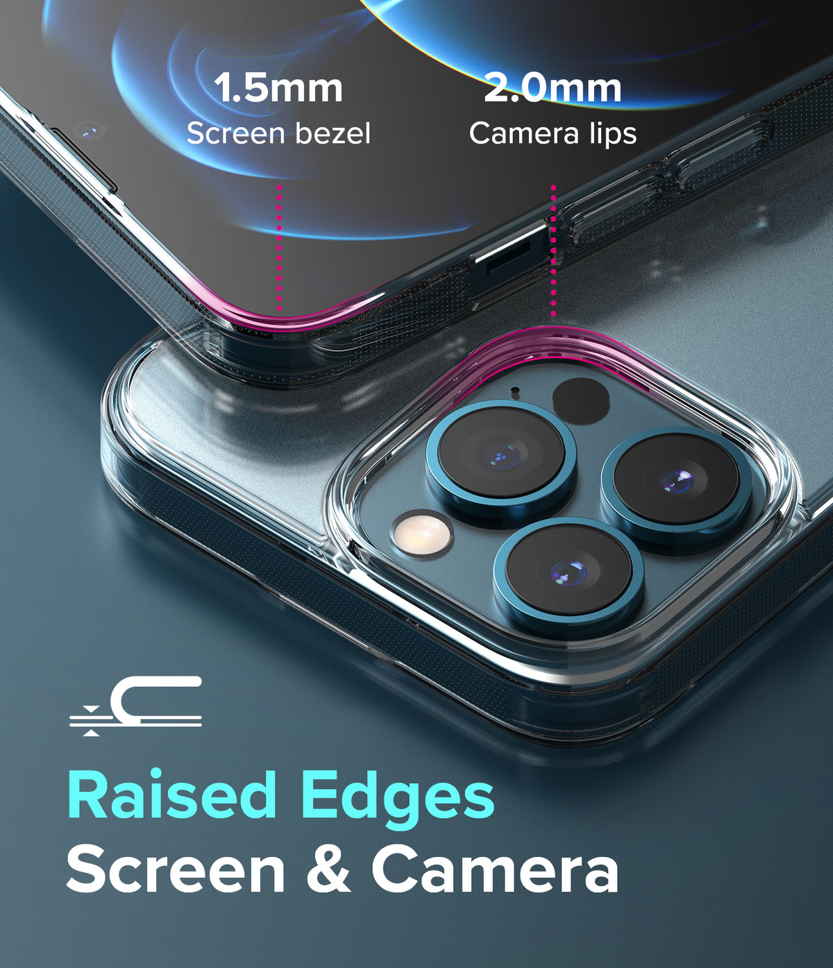 iPhone 13 Pro Max Case | Fusion Matte - Close-up showing 1.5mm screen bezel and 2.0mm camera lip protection on a phone case.