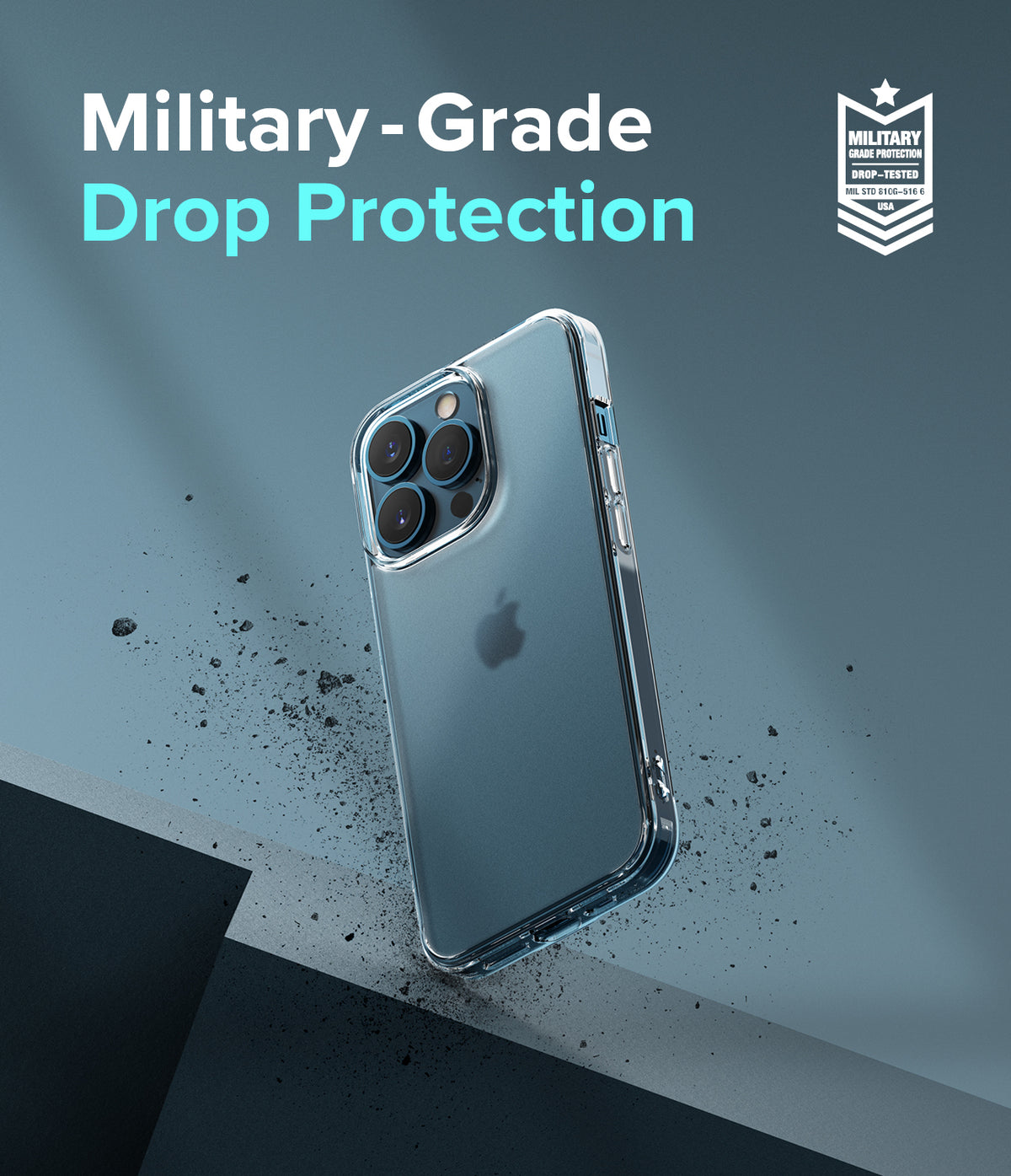 iPhone 13 Pro Max Case | Fusion Matte - Matte phone case floating with debris, featuring military-grade protection text.