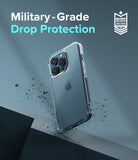 iPhone 13 Pro Max Case | Fusion Matte - Matte phone case floating with debris, featuring military-grade protection text.
