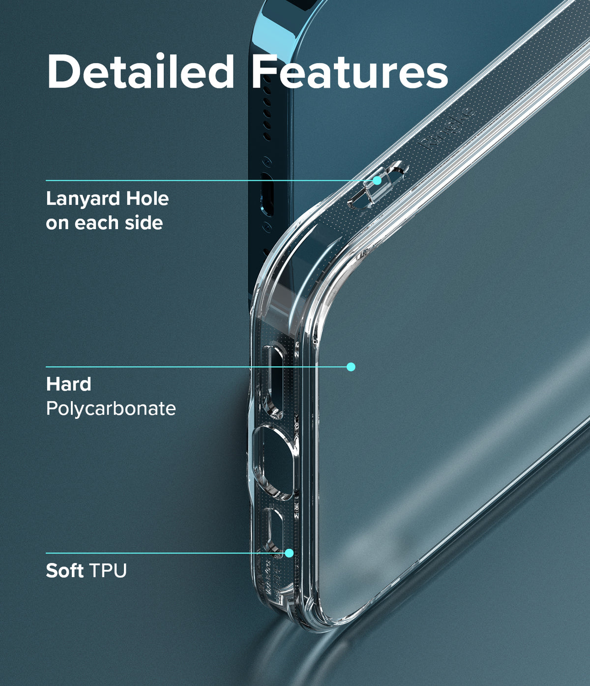 iPhone 13 Pro Max Case | Fusion Matte - Close-up of phone case features highlighting lanyard holes, polycarbonate, and TPU.