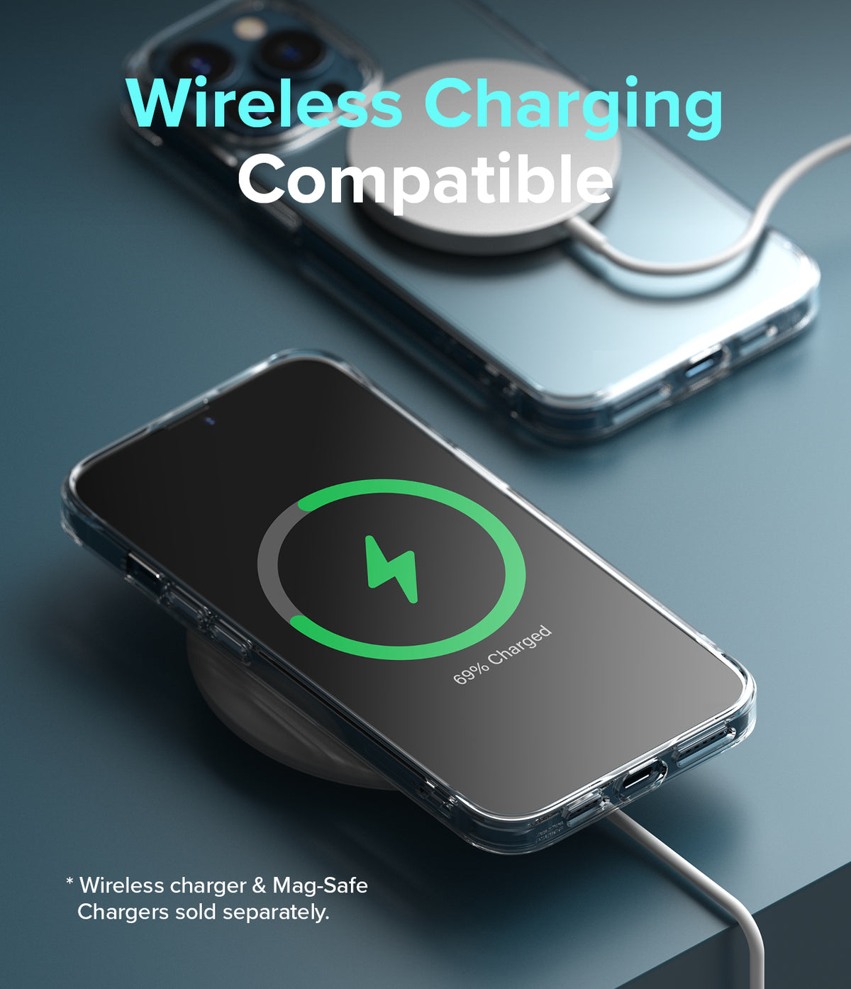 iPhone 13 Pro Max Case | Fusion Matte - iPhone 13 Pro Max in a clear case charging wirelessly with a green battery icon on screen.