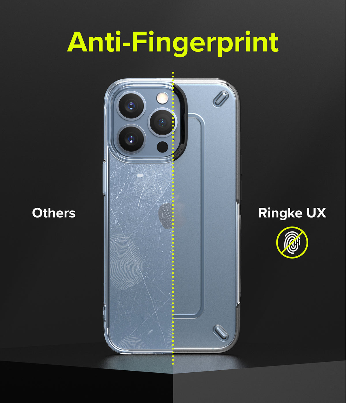 iPhone 13 Pro Max Case | UX - Matte Clear - Comparison showing a smudged standard case versus a clean Ringke UX case.