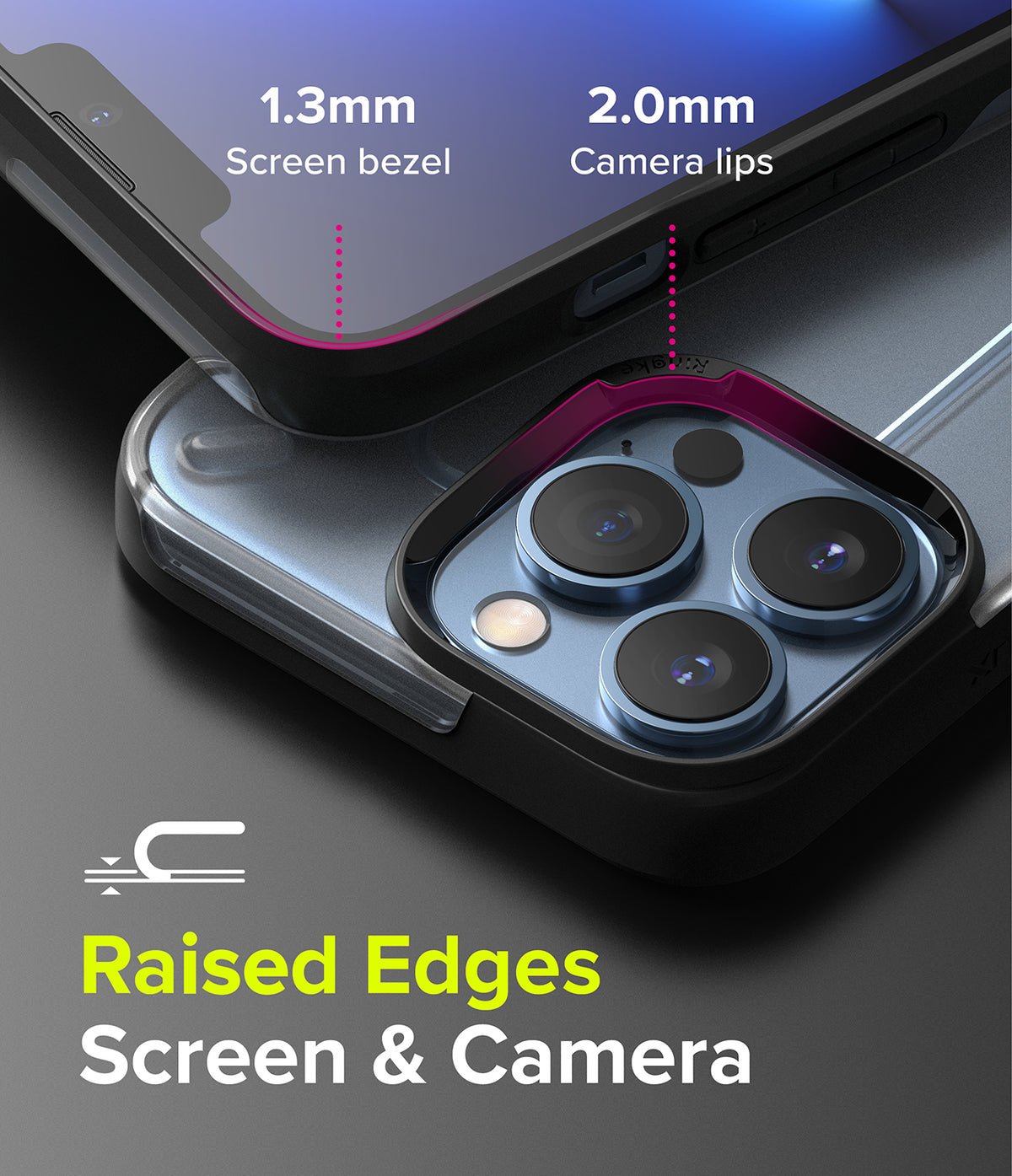 iPhone 13 Pro Max Case | UX - Matte Clear - Matte clear phone case showing 1.3mm screen bezel and 2.0mm camera lip protection.