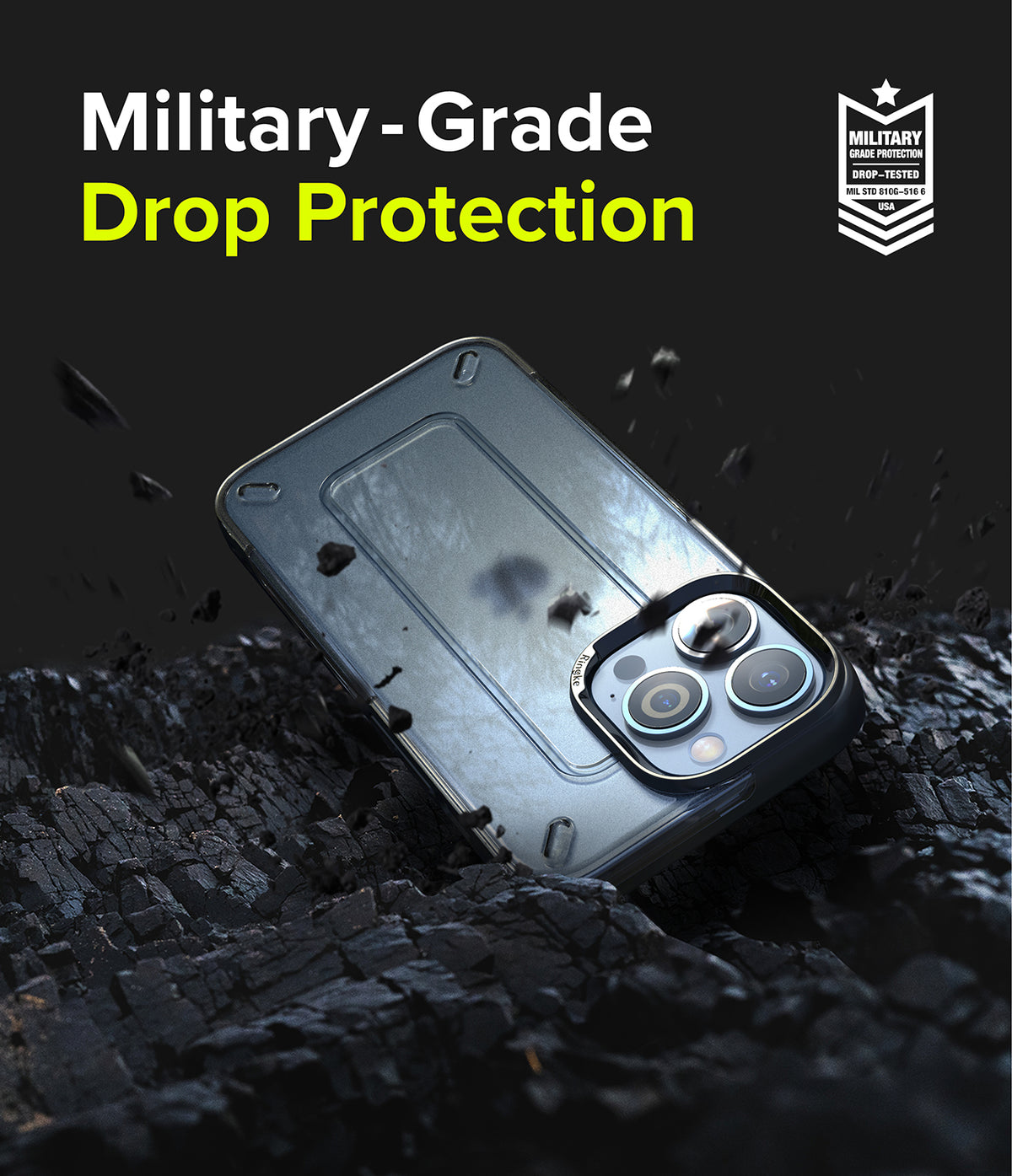 iPhone 13 Pro Max Case | UX - Matte Clear - Matte clear phone case on dark, rocky debris with military-grade text.