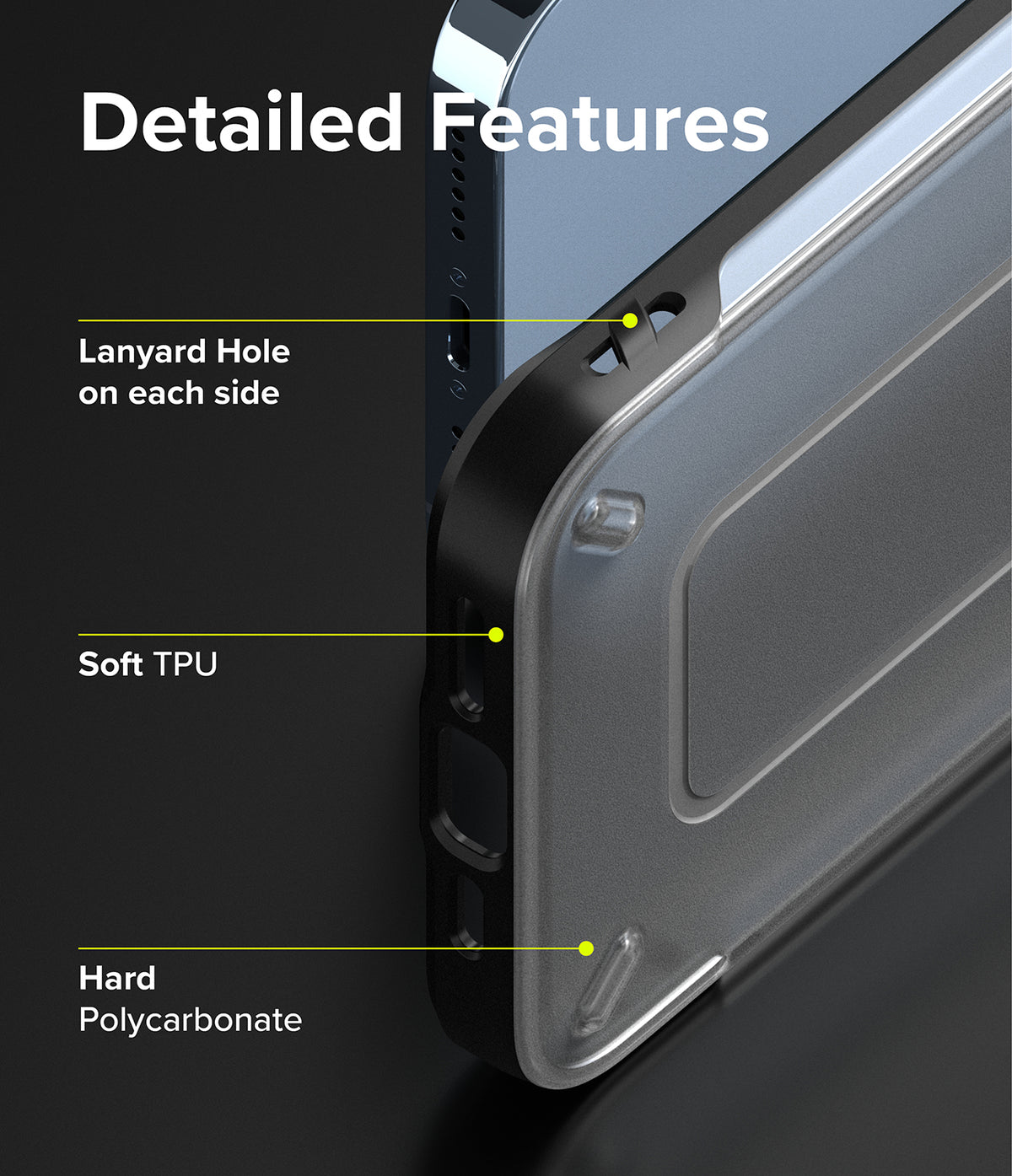 iPhone 13 Pro Max Case | UX - Matte Clear - Close-up of phone case features including lanyard holes, soft TPU, and hard polycarbonate.