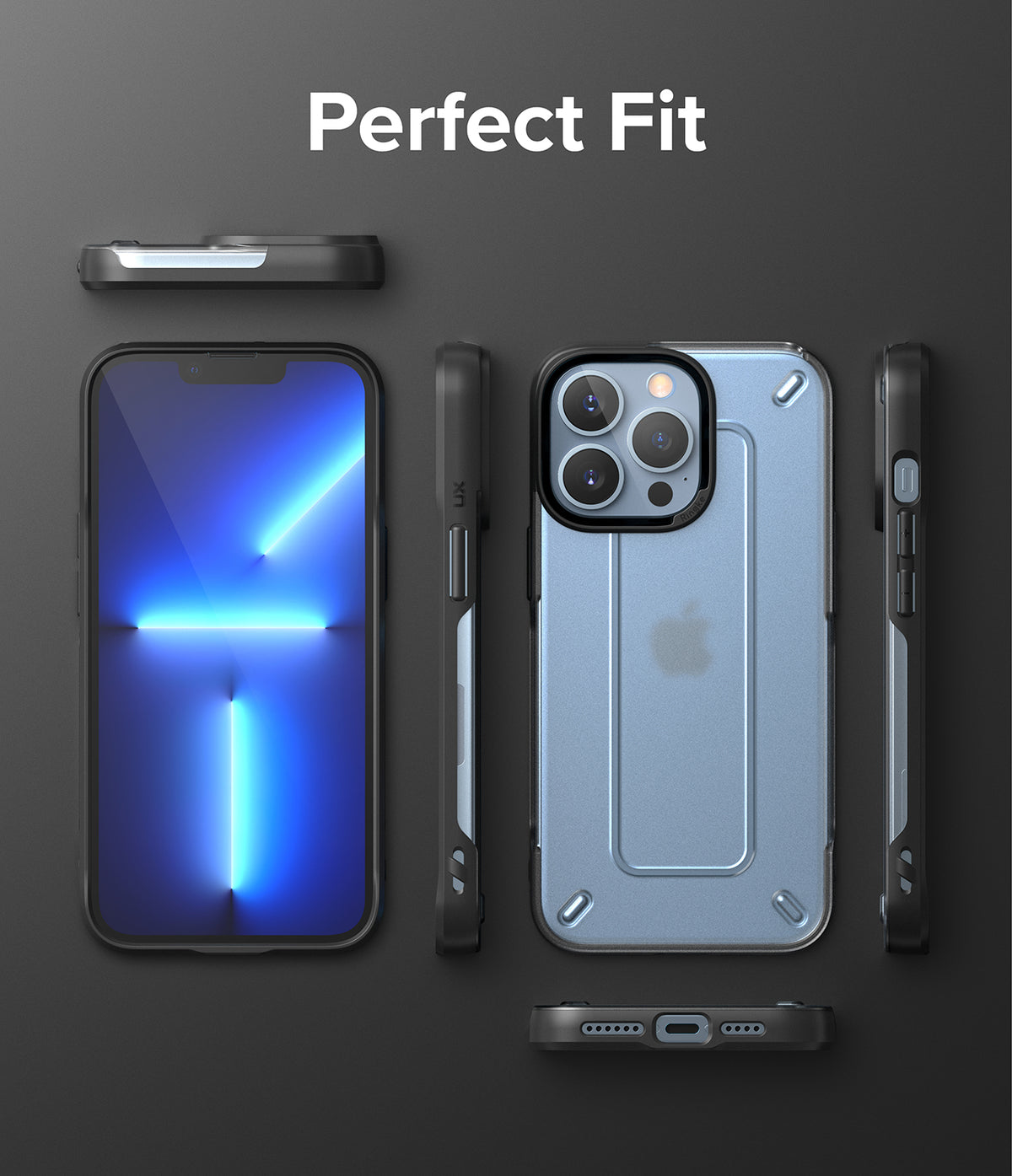 iPhone 13 Pro Max Case | UX - Matte Clear - Multiple views of a matte clear phone case on a blue iPhone 13 Pro Max.