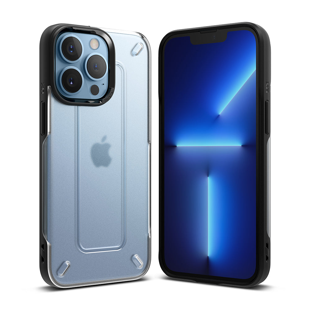 iPhone 13 Pro Max Case | UX - Matte Clear - Matte clear phone case with black frame shown from front and back angles.