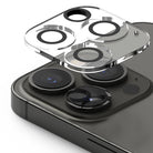 iPhone 13 Pro / 13 Pro Max | Camera Protector Glass [3 Pack] - iPhone 13 Pro / 13 Pro Max | Camera Protector Glass - Transparent glass cover hovering above iPhone camera lenses.