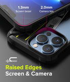 iPhone 13 Pro Case | Fusion-X Design - Ticket Band - Close-up showing 1.3mm screen bezel and 2.0mm raised camera lips.