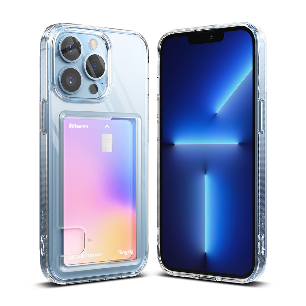 iPhone 13 Pro Case | Fusion Card - Clear phone case with a rear card slot holding a gradient card, shown from front and back.