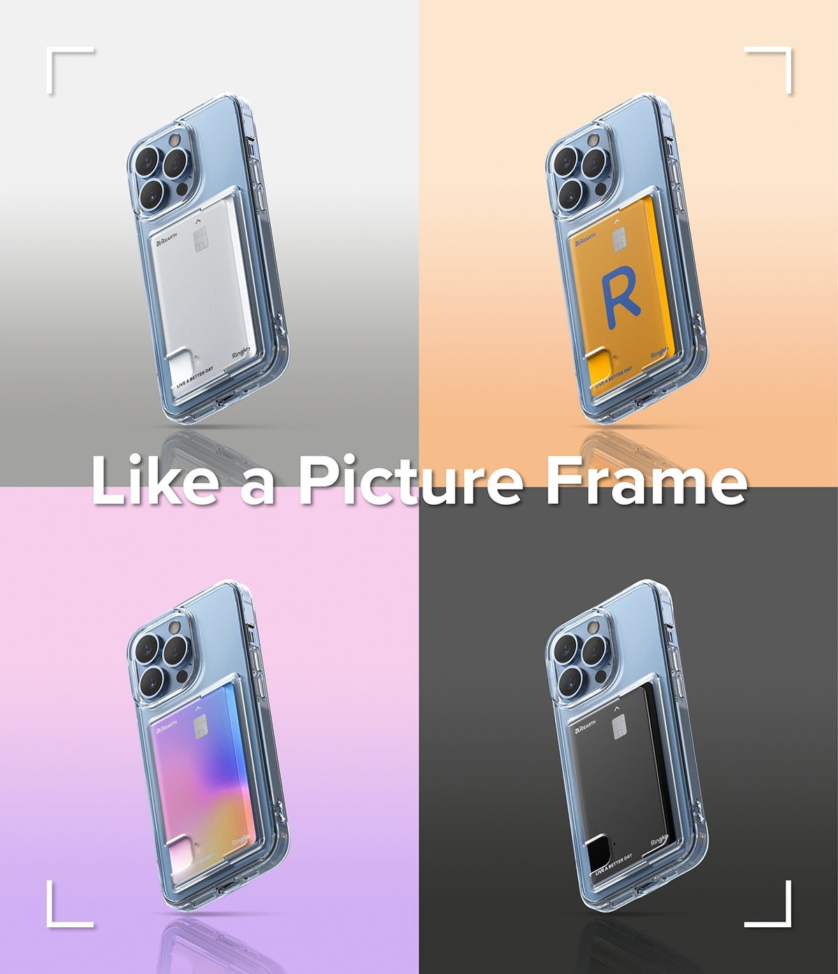 iPhone 13 Pro Case | Fusion Card - Four iPhone 13 Pro cases with different colored cards inserted in a clear back slot.