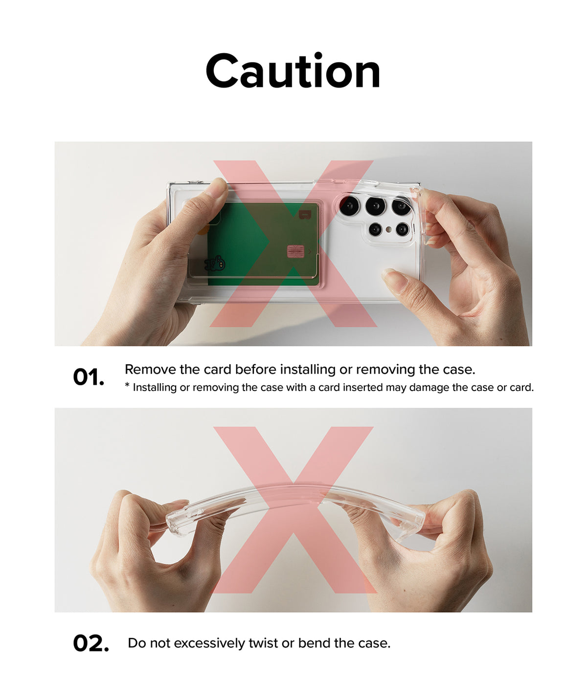 iPhone 13 Pro Case | Fusion Card - Caution graphic showing two prohibited actions: inserting cards and bending the case.