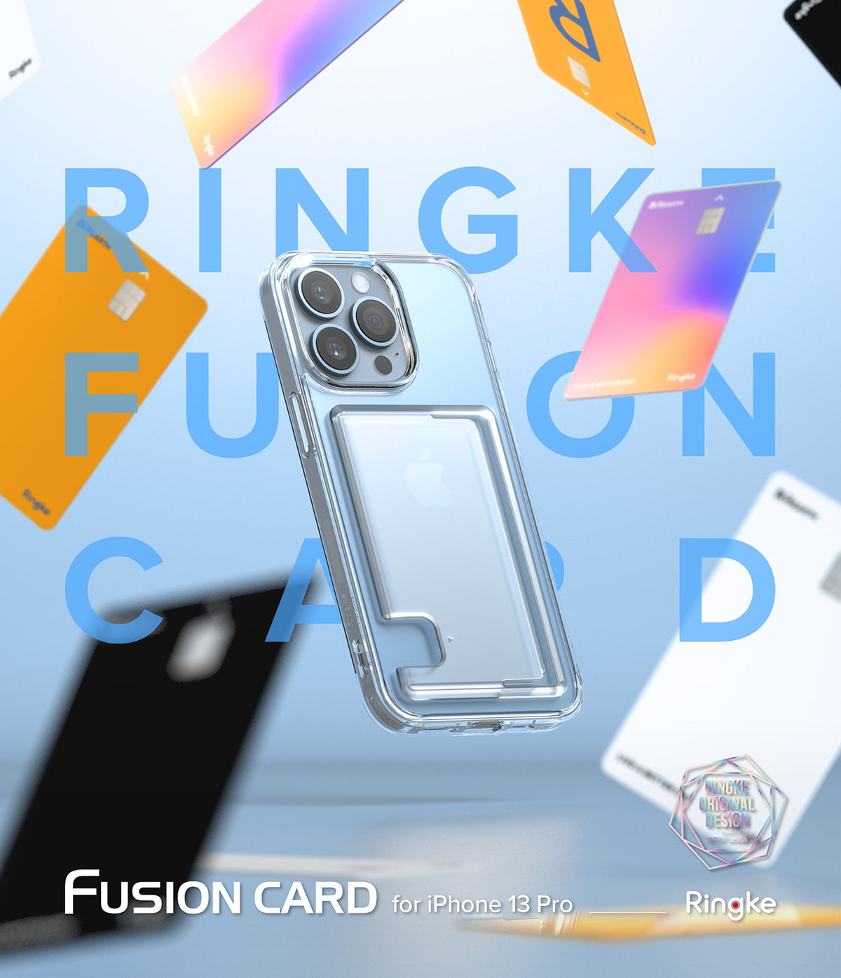 iPhone 13 Pro Case | Fusion Card - Clear phone case with a card slot floating against a blue background with credit cards.